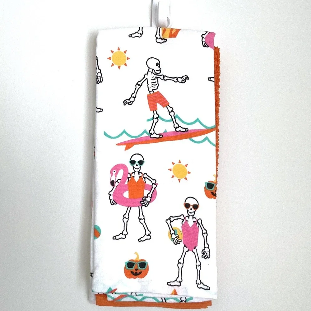 Summerween Skeleton Beach Surfing Kitchen Towel Halloween Spooky Summer NEW